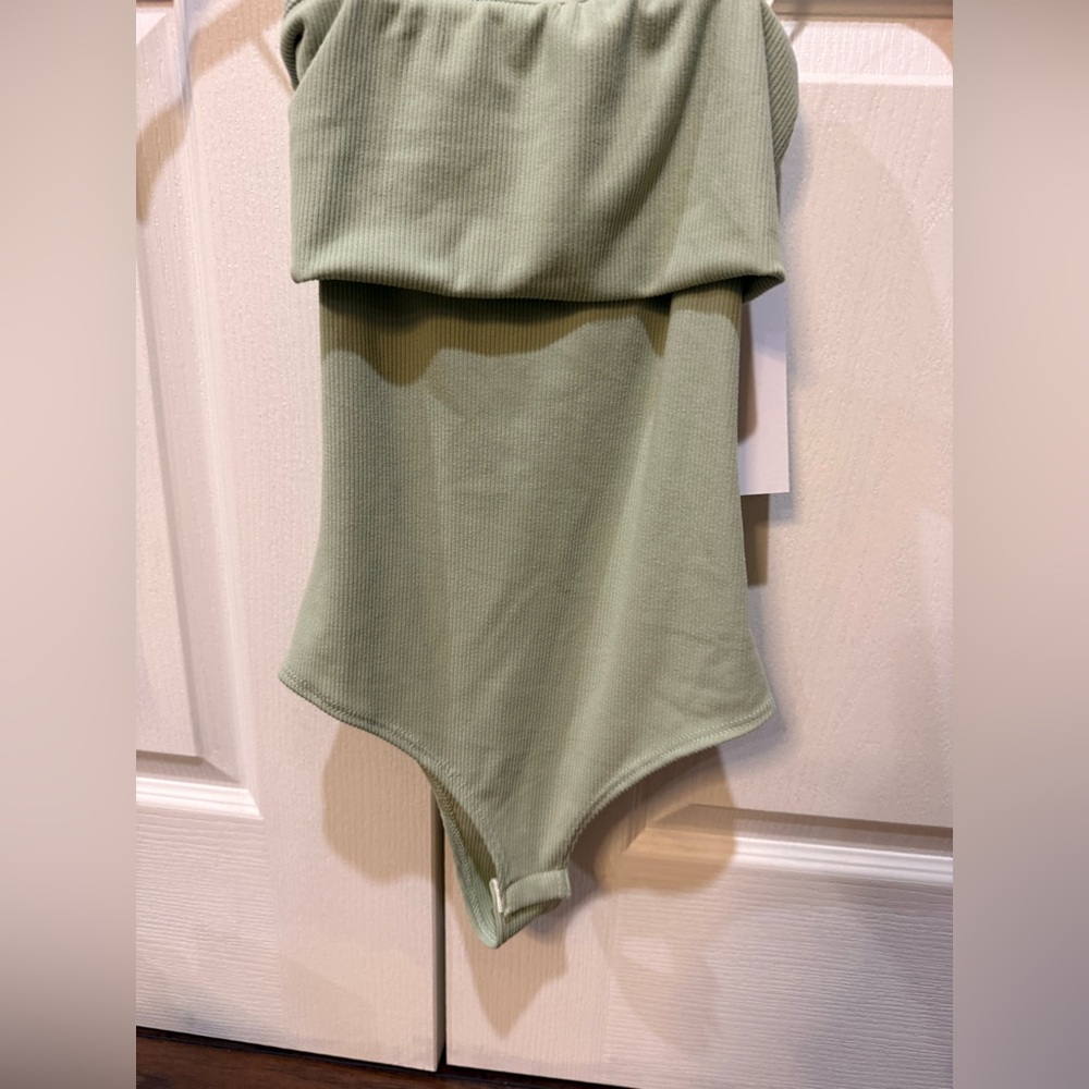 Rib-Knit Strapless Bodysuit in Sage Green